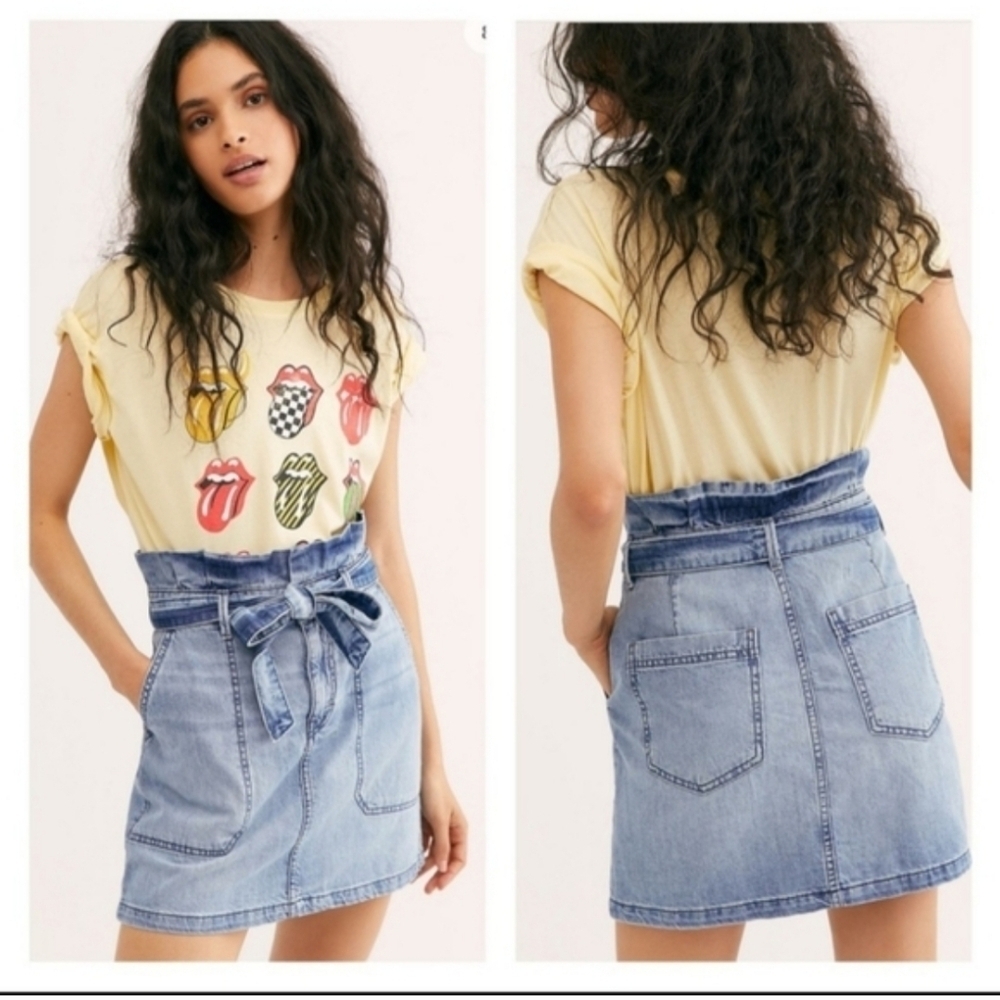 Free People Splendor In The Grass Paperbag Denim Tie Waist Mini Skirt Size 10